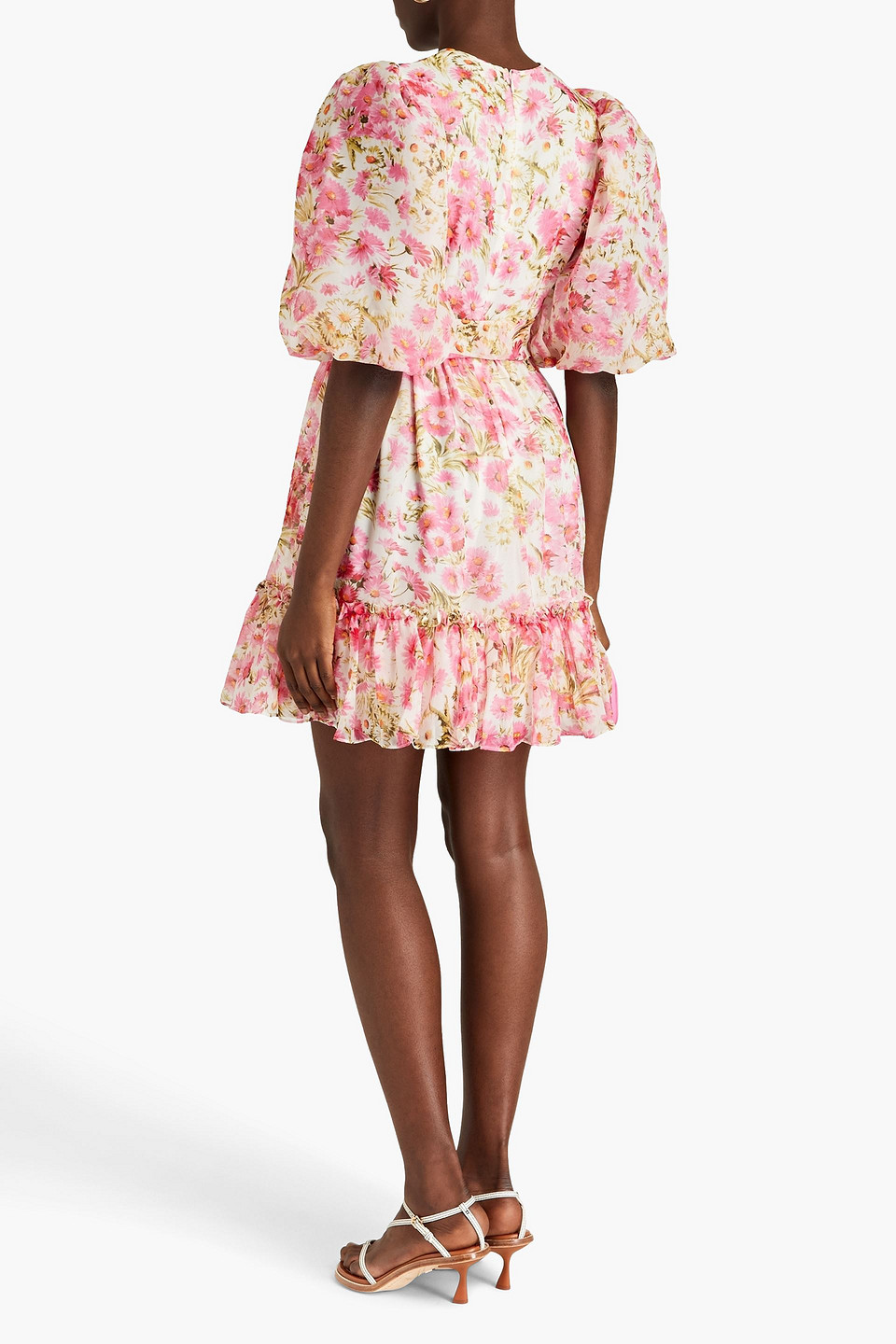 Shop Bytimo Gathered Floral-print Organza Mini Dress In Pink