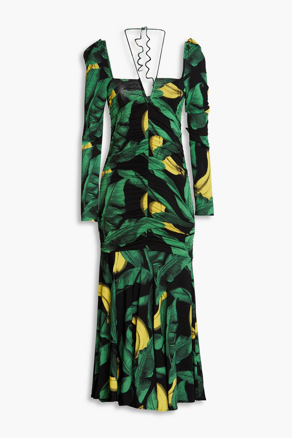 Ganni Palm Print Long Sleeve Gathered Jersey Dress In Black
