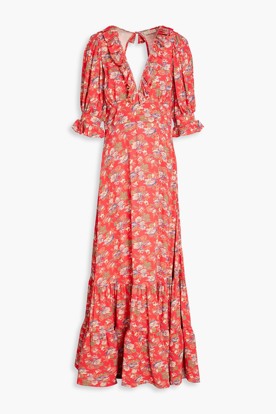 Bytimo Cutout Gathered Floral-print Crepe Maxi Dress In Papaya