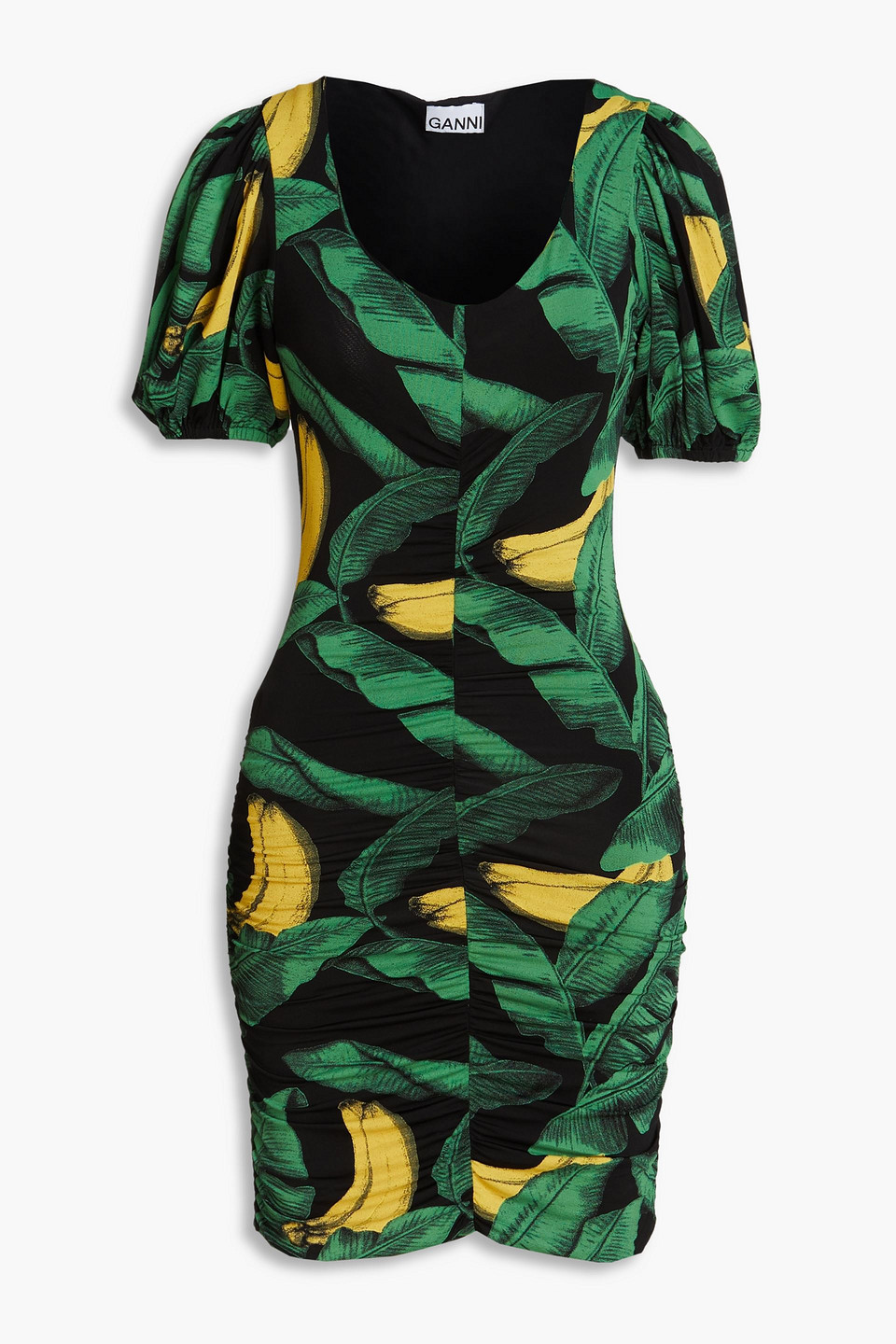 GANNI - Ruched floral-print stretch-jersey mini dress - Black - DE 40