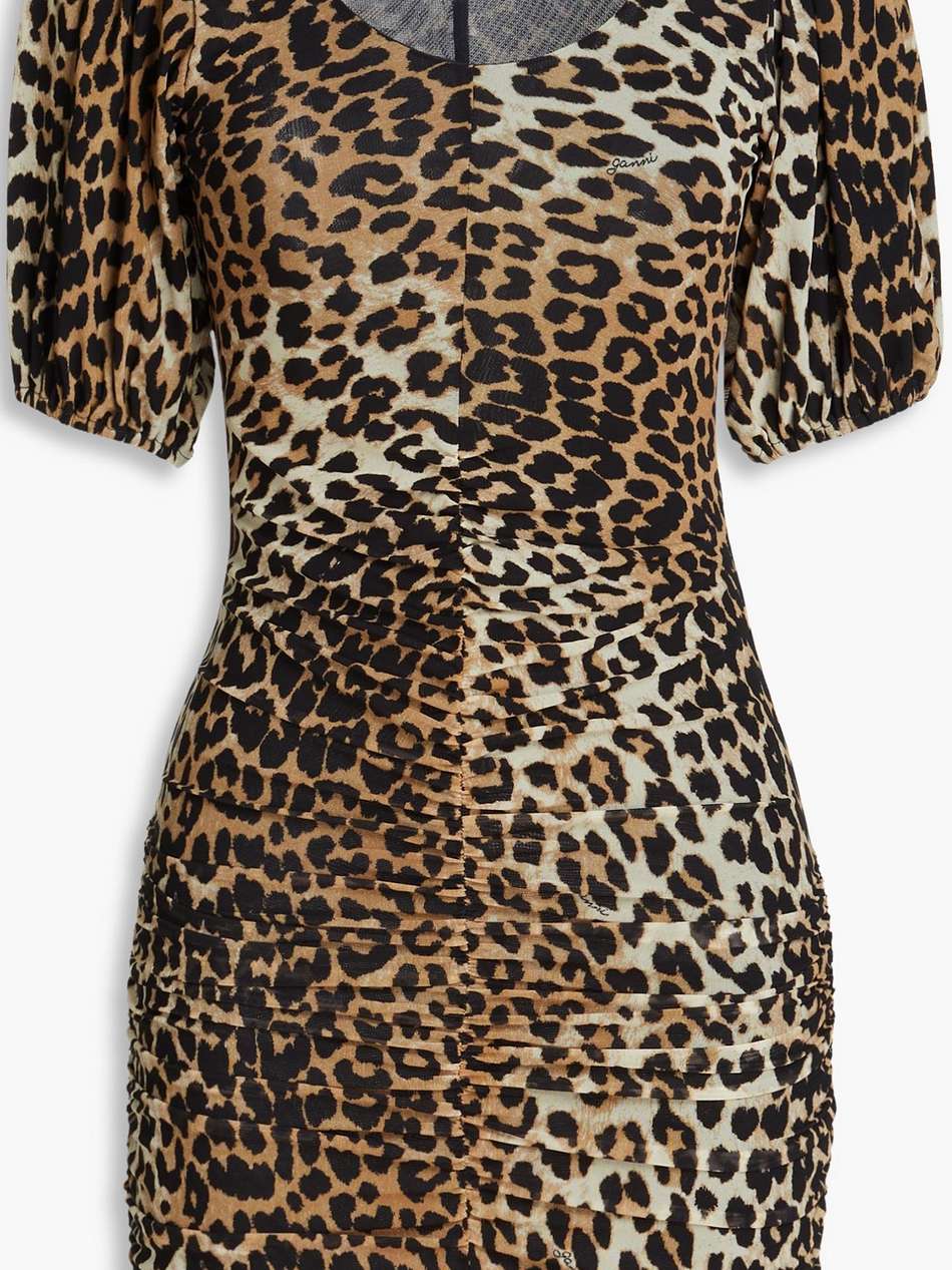 ruched leopard-print stretch-mesh mini dress
