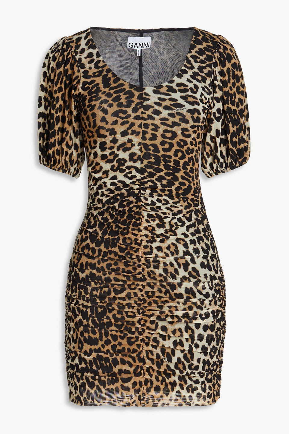Ganni Bow-detailed Ruched Leopard-print Cotton-poplin Mini Dress In Animal Print