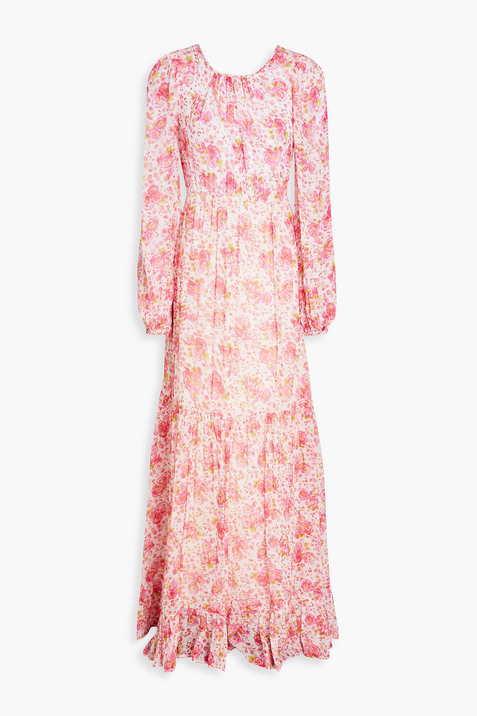 Bytimo Pink Blossom Gathered Floral-print Georgette Maxi Dress