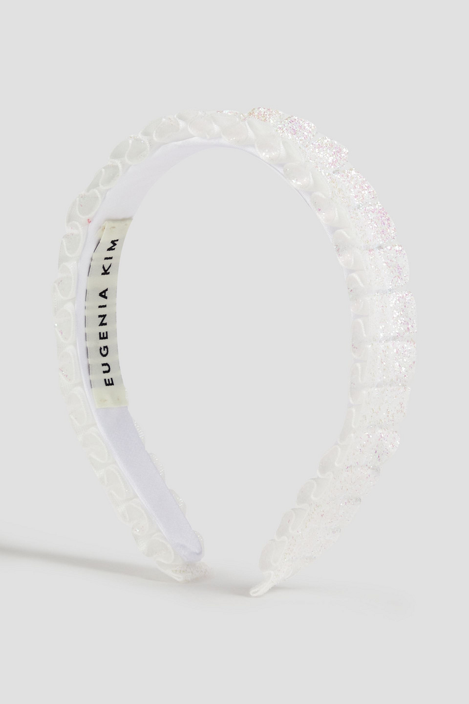 Shop Eugenia Kim Rafaela Ruffled Metallic Velvet Headband In White