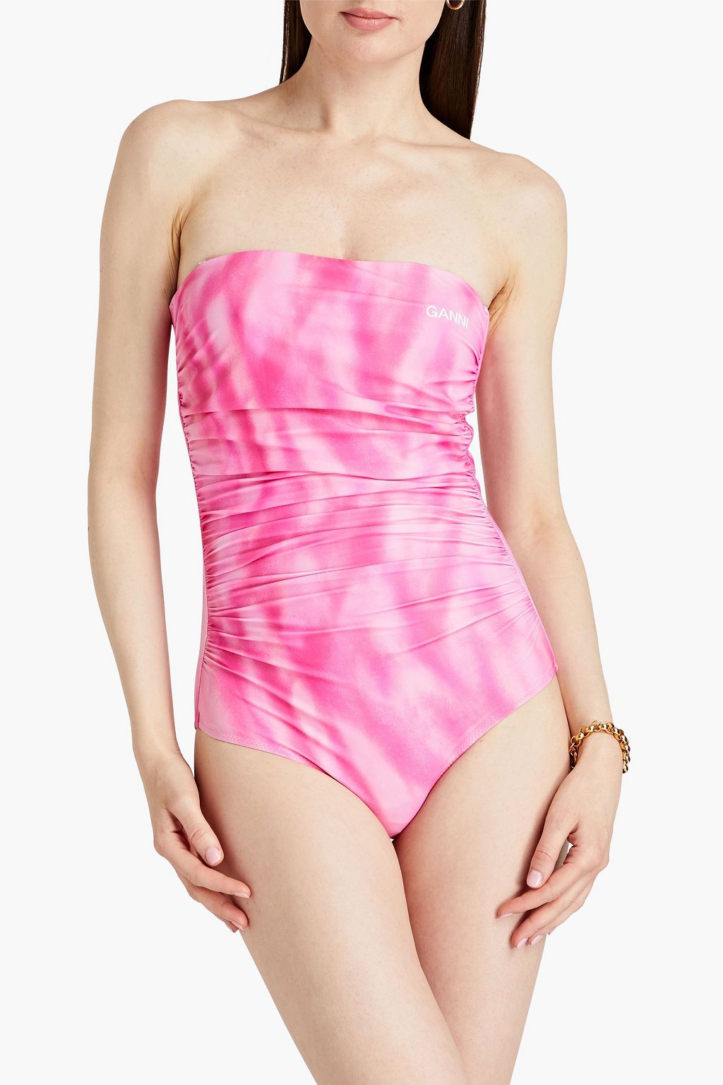 GANNI Ruched printed swimsuit