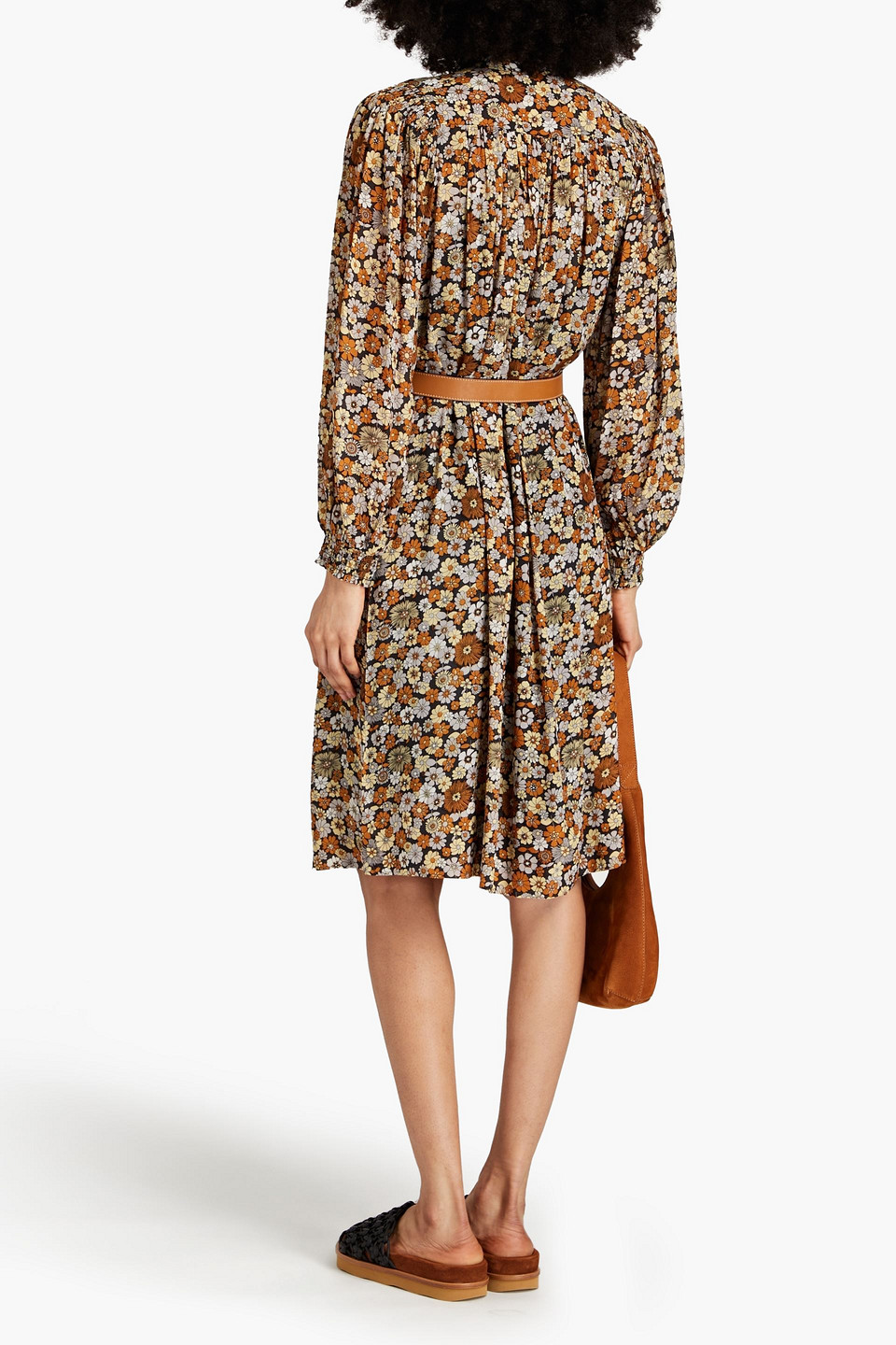 Shop Antik Batik Gathered Floral-print Crepe De Chine Dress In Brown