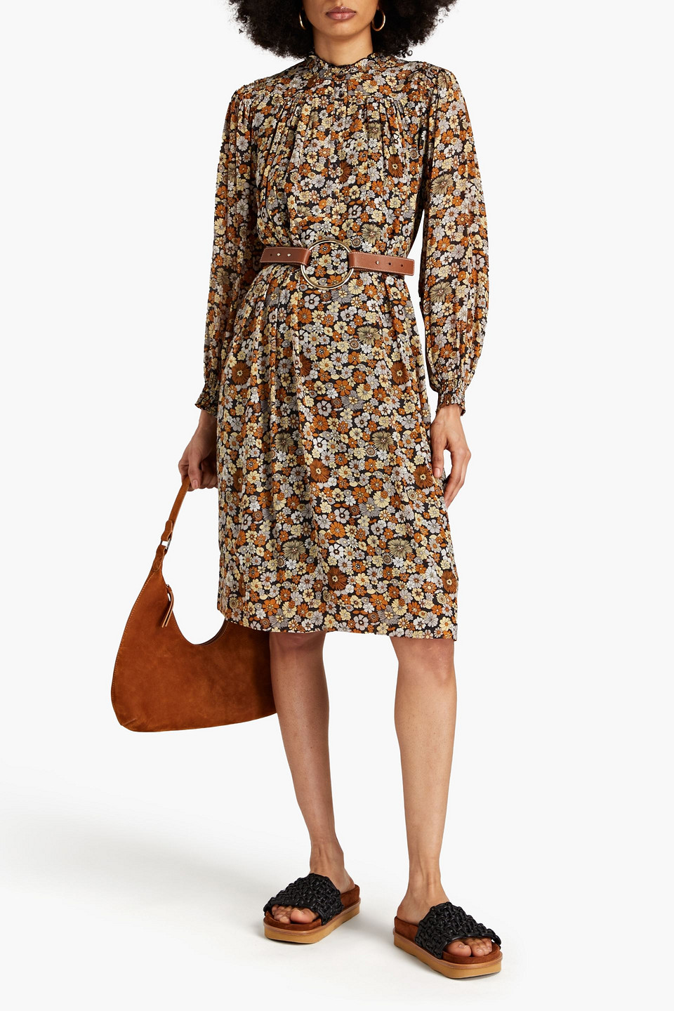 Shop Antik Batik Gathered Floral-print Crepe De Chine Dress In Brown