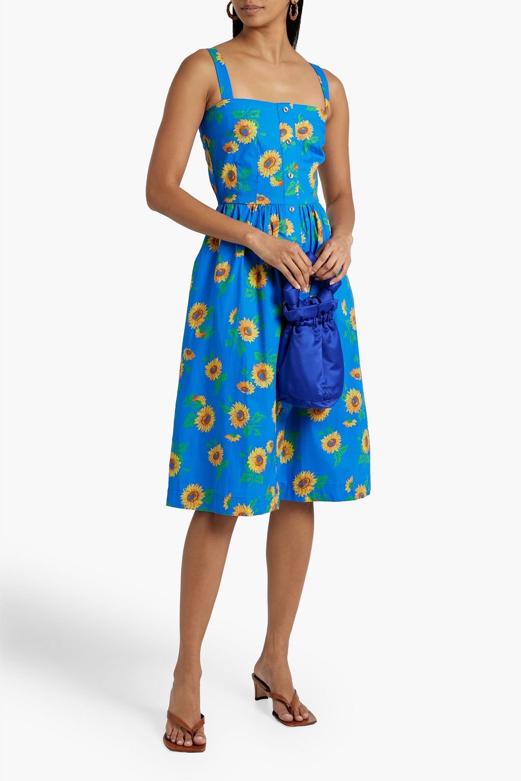 HVN Laura gathered floral-print cotton-blend poplin dress