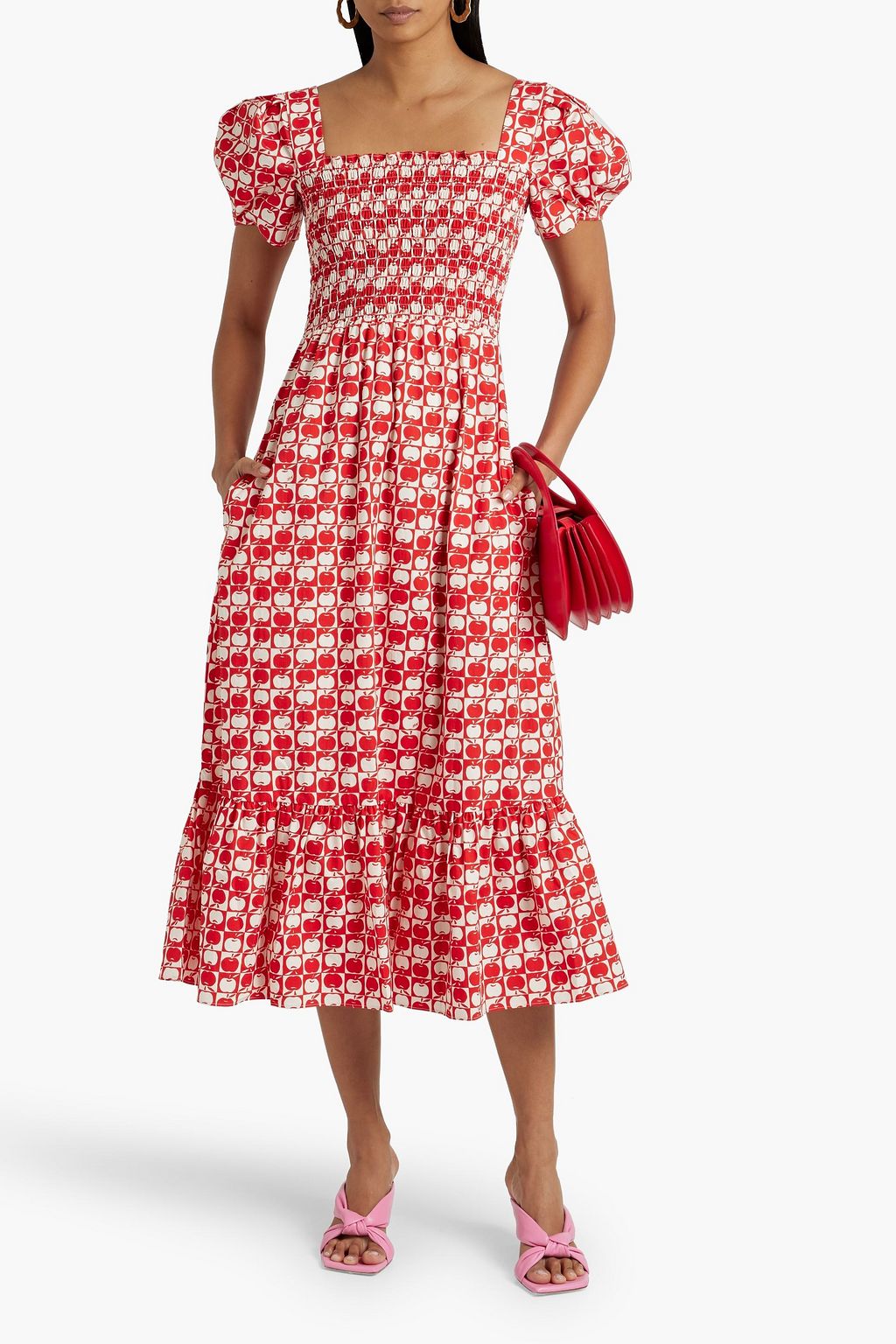 HVN Fromer shirred printed cotton-blend poplin midi dress