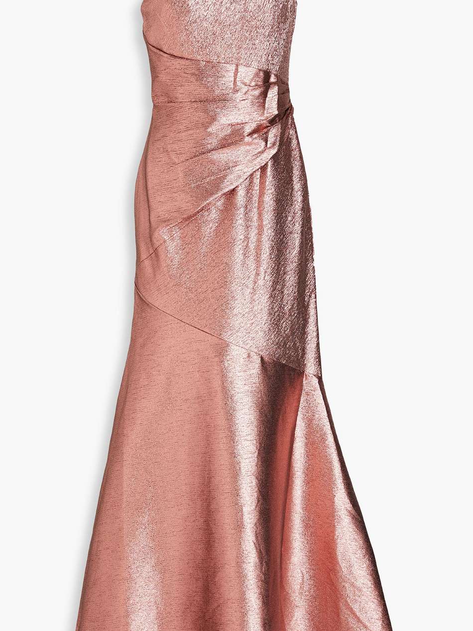 one-shoulder ruched lamé gown