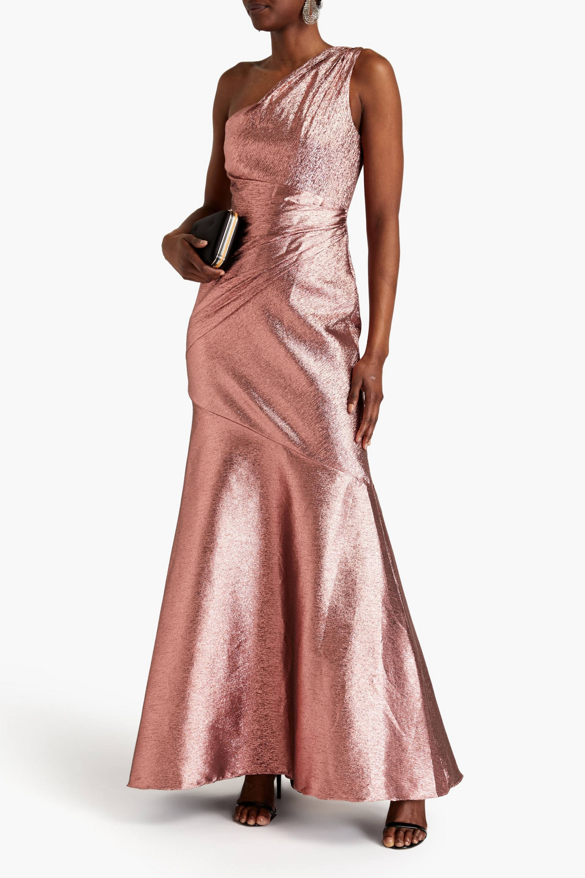 THEIA One-shoulder ruched lamé gown