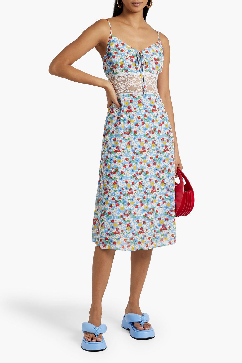 HVN Chrissy lace-paneled printed crepe dress