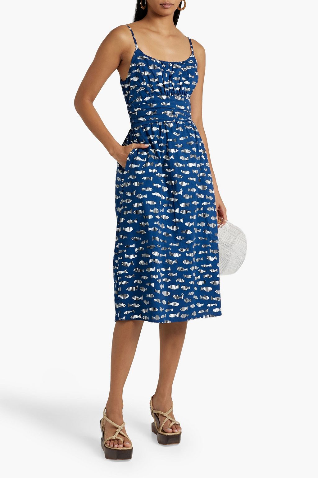 HVN Lucy ruched printed cotton-blend poplin dress