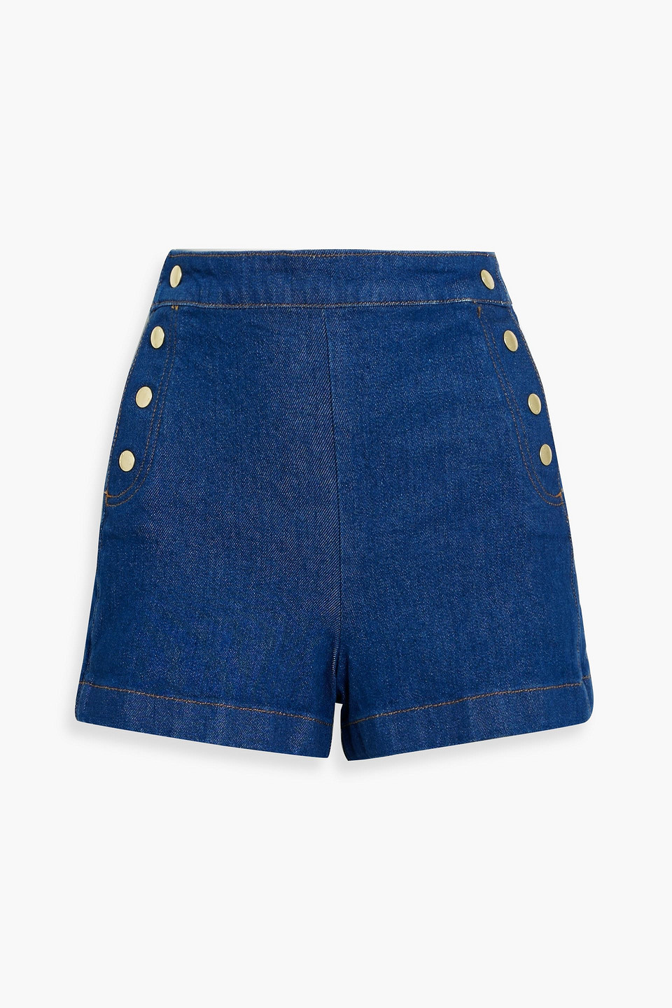 Shop Frame Snap-detailed Denim Shorts In Dark Denim