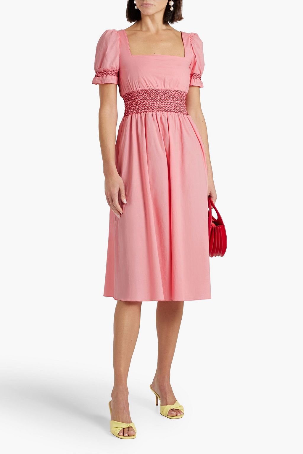 HVN Holland smocked cotton-blend poplin midi dress