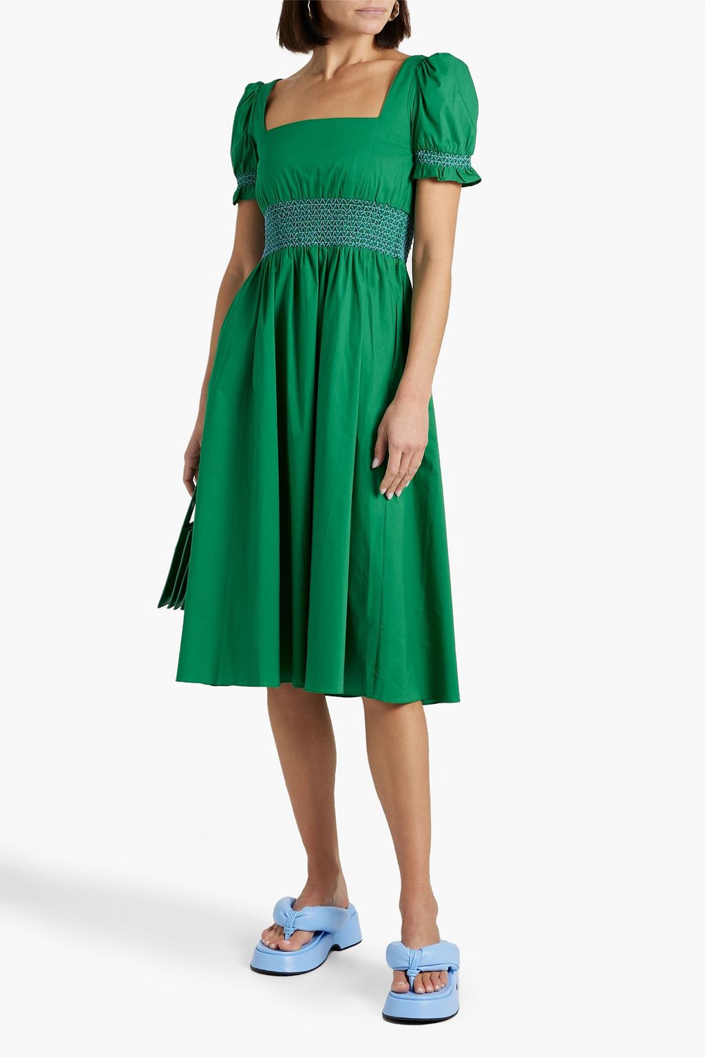 HVN Holland smocked cotton-blend poplin dress