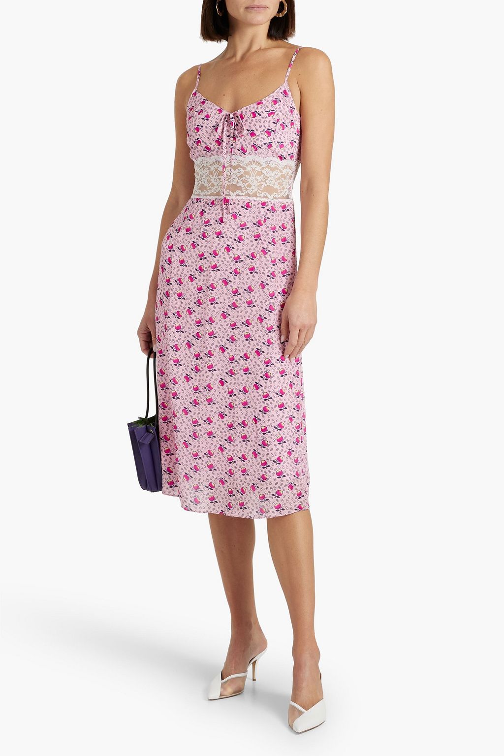 HVN Chrissy lace-paneled printed crepe dress