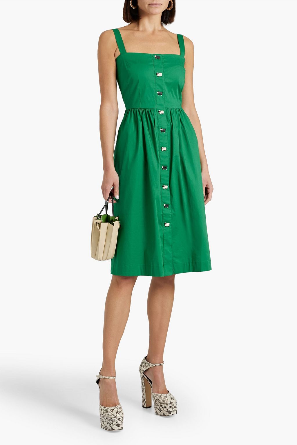 HVN Laura gathered cotton-blend poplin dress