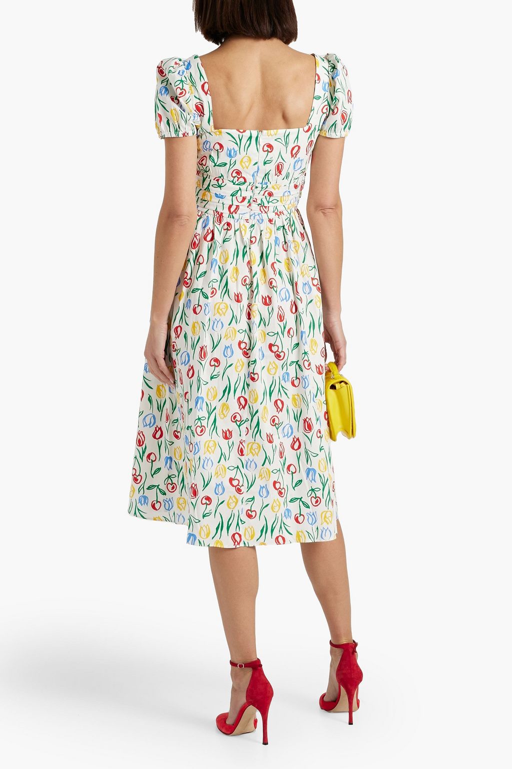 HVN Holland ruched floral-print cotton-blend poplin dress