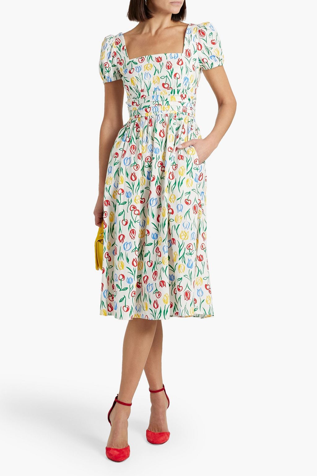 HVN Holland ruched floral-print cotton-blend poplin dress