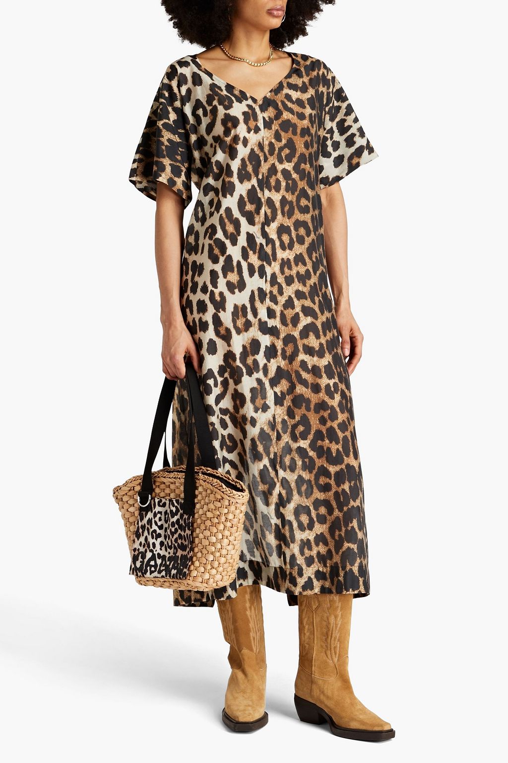 GANNI Midikleid aus Voile aus einer Tencel®-Mischung mit Leopardenprint