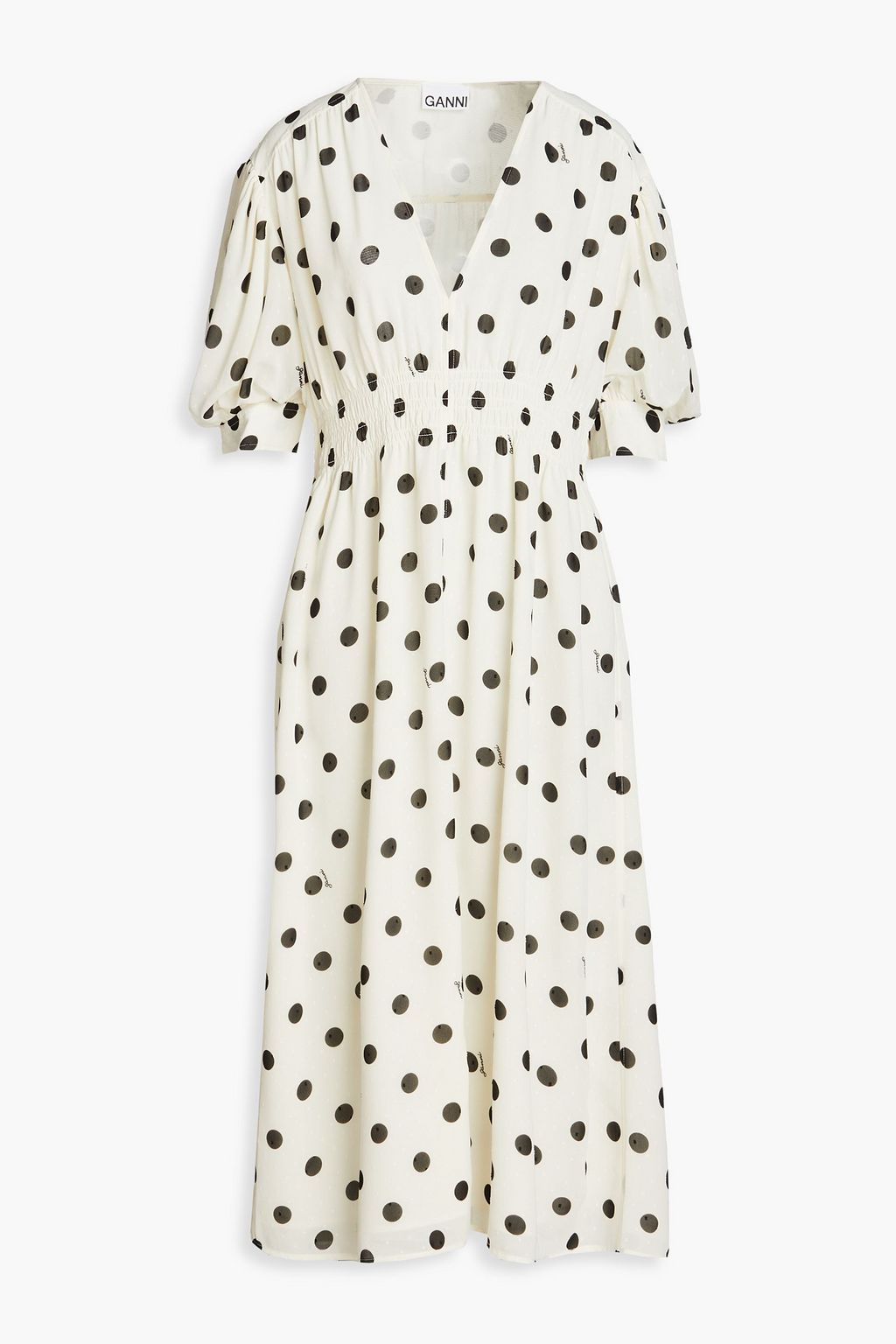 GANNI Gathered polka-dot fil coupé georgette midi dress | THE OUTNET