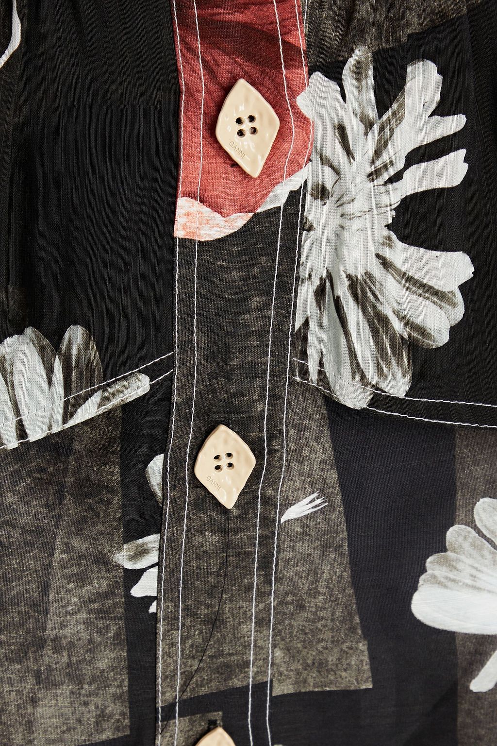 GANNI Floral-print linen and silk-blend shantung midi skirt