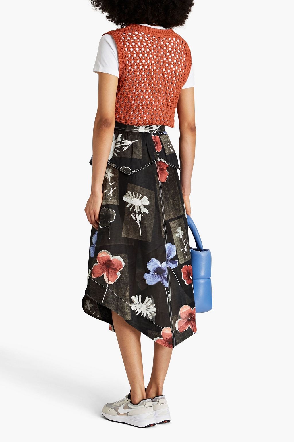GANNI Floral-print linen and silk-blend shantung midi skirt