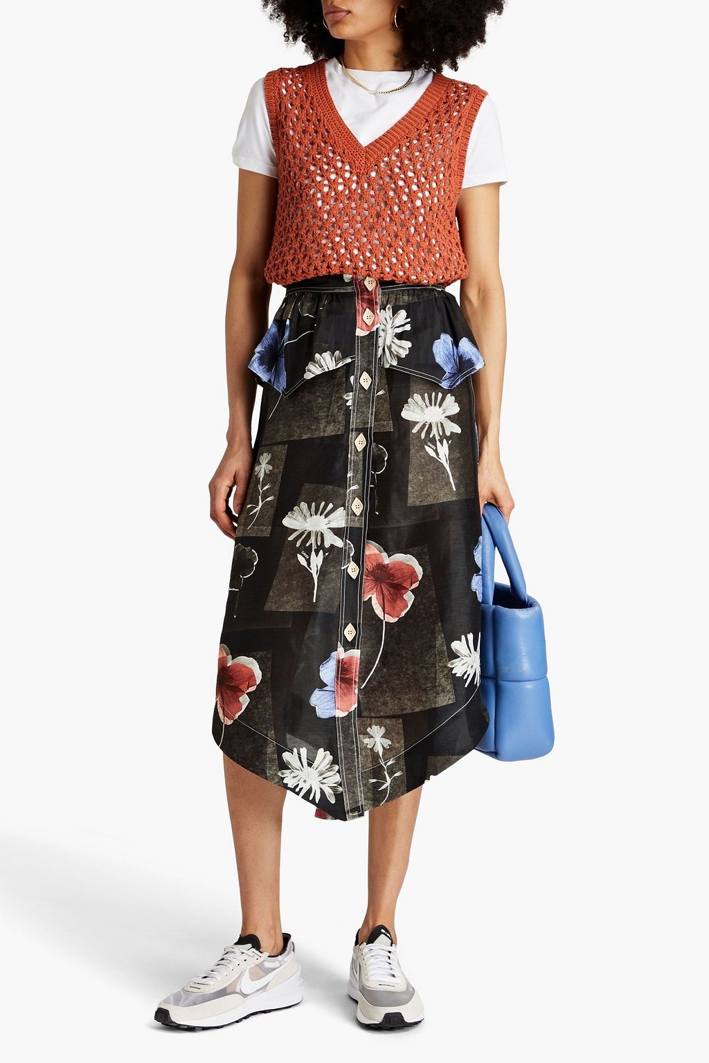 GANNI Floral-print linen and silk-blend shantung midi skirt