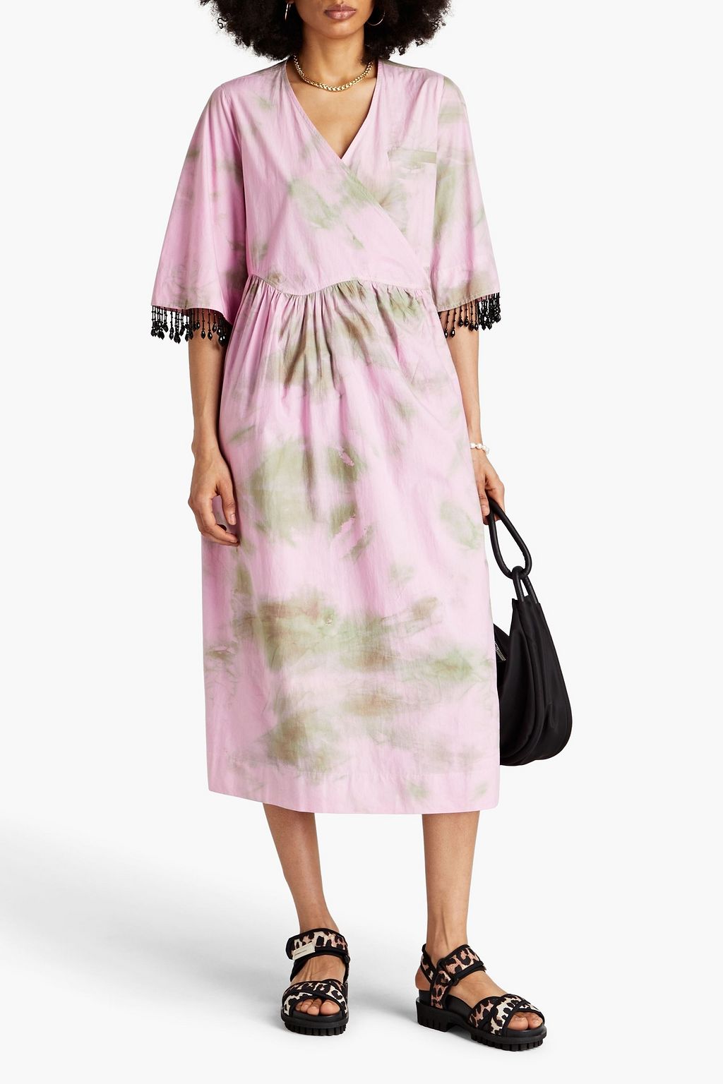 GANNI Cherry Blossom gathered printed cotton wrap dress THE OUTNET