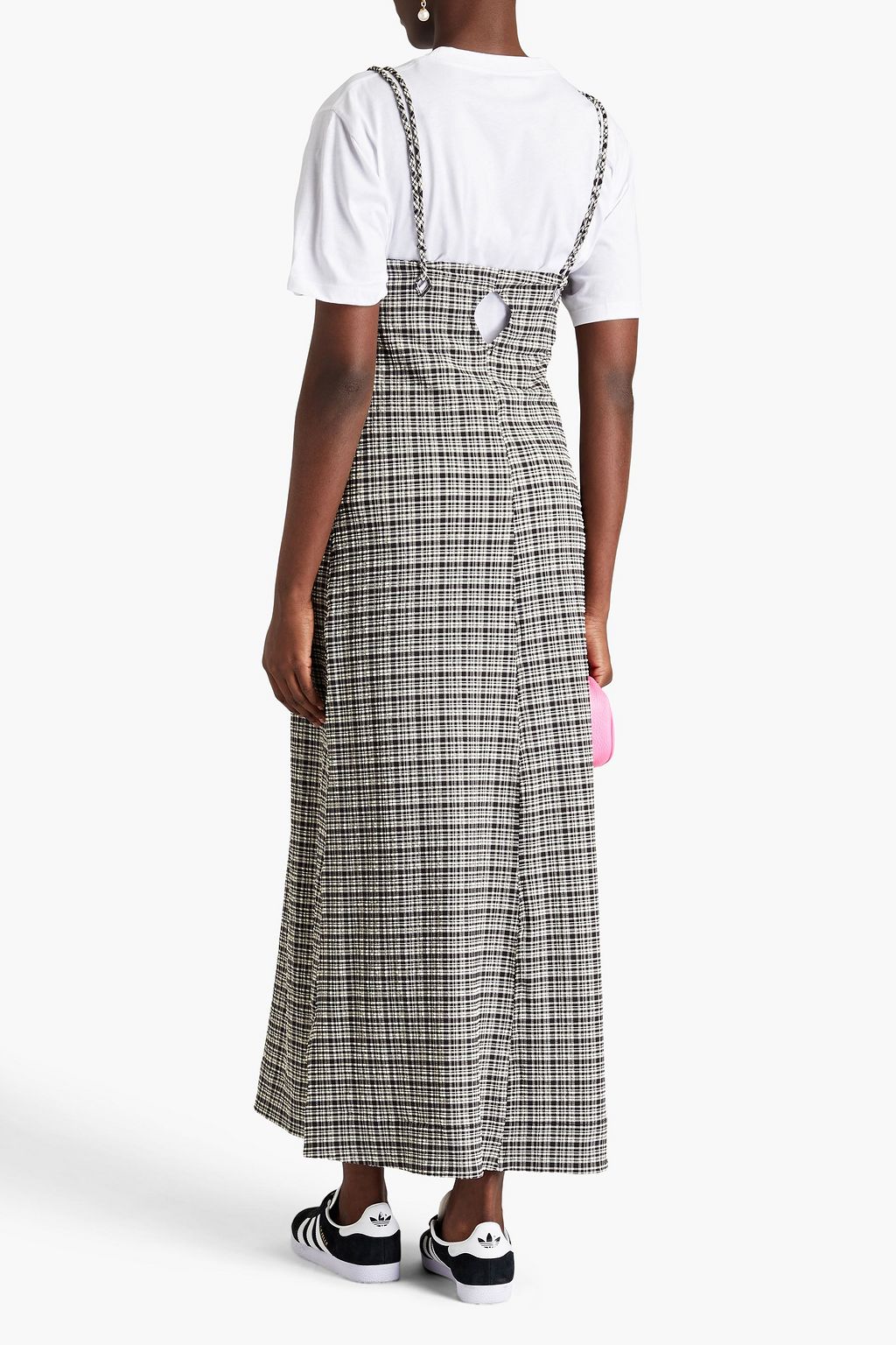 GANNI Cutout checked seersucker maxi slip dress