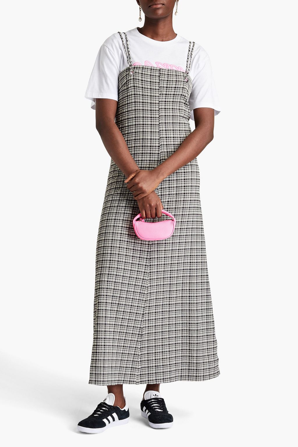 GANNI Cutout checked seersucker maxi slip dress