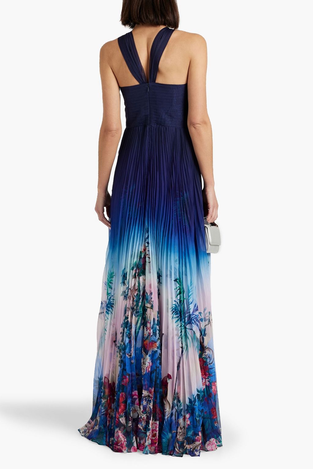 MARCHESA NOTTE 컷아웃 프린트 플리세 시폰 가운