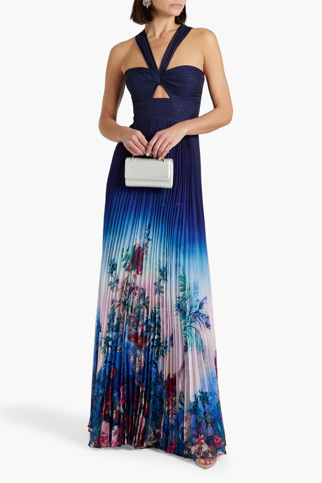 MARCHESA NOTTE 컷아웃 프린트 플리세 시폰 가운