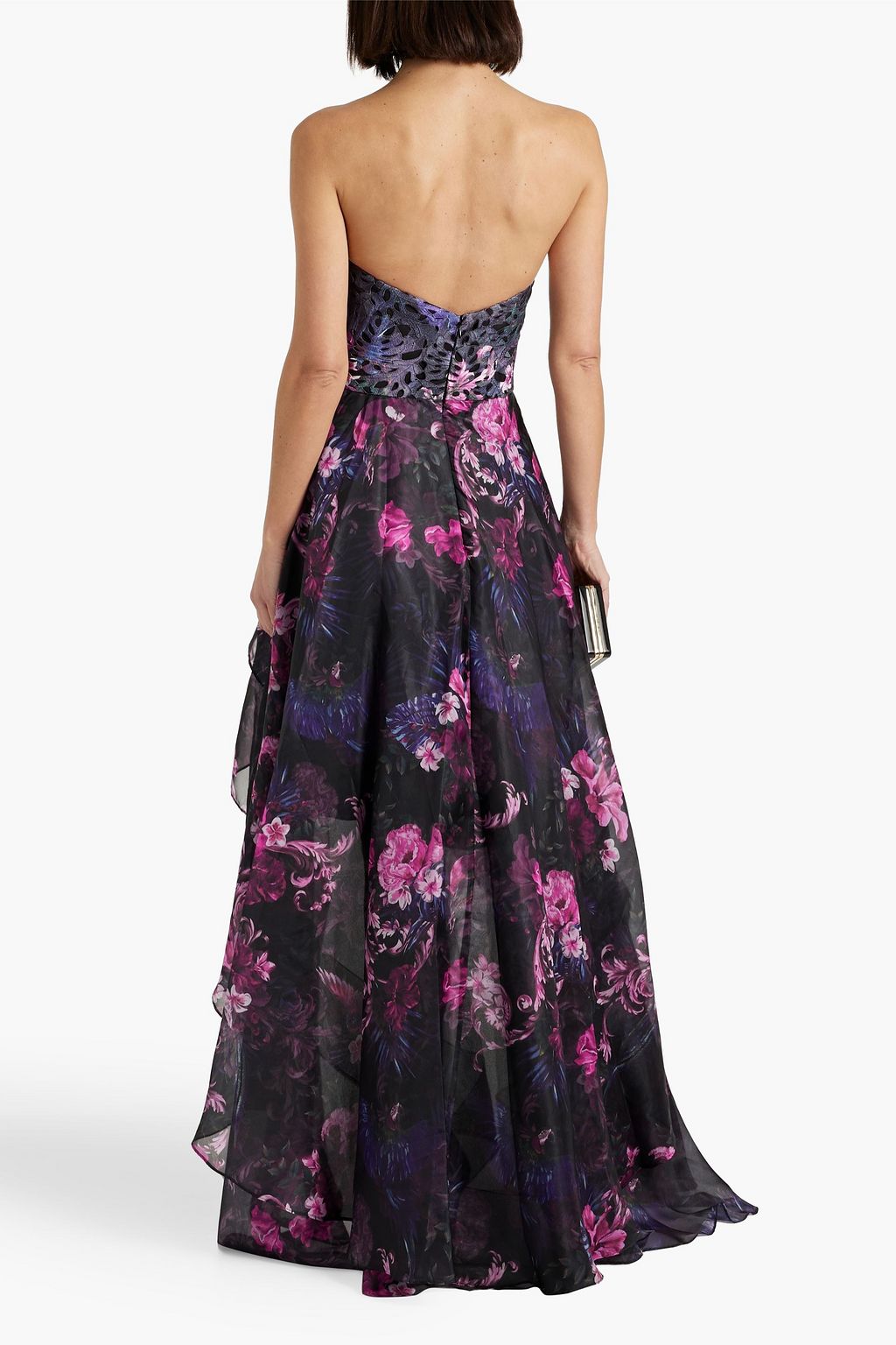 MARCHESA NOTTE Strapless asymmetric floral-print chiffon gown