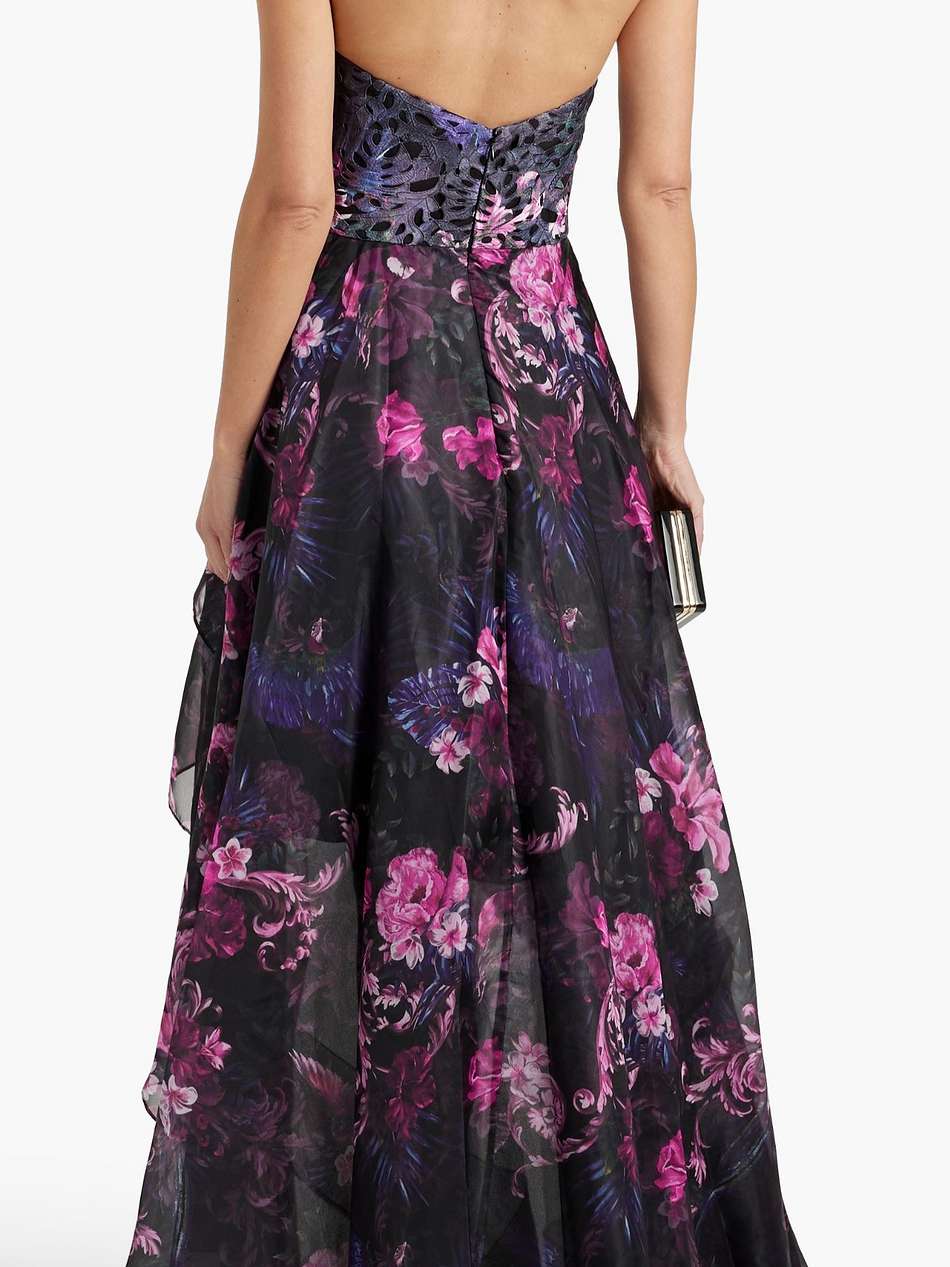 strapless asymmetric floral-print chiffon gown