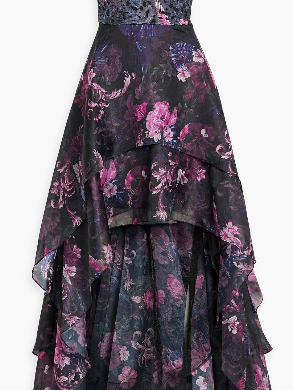 strapless asymmetric floral-print chiffon gown