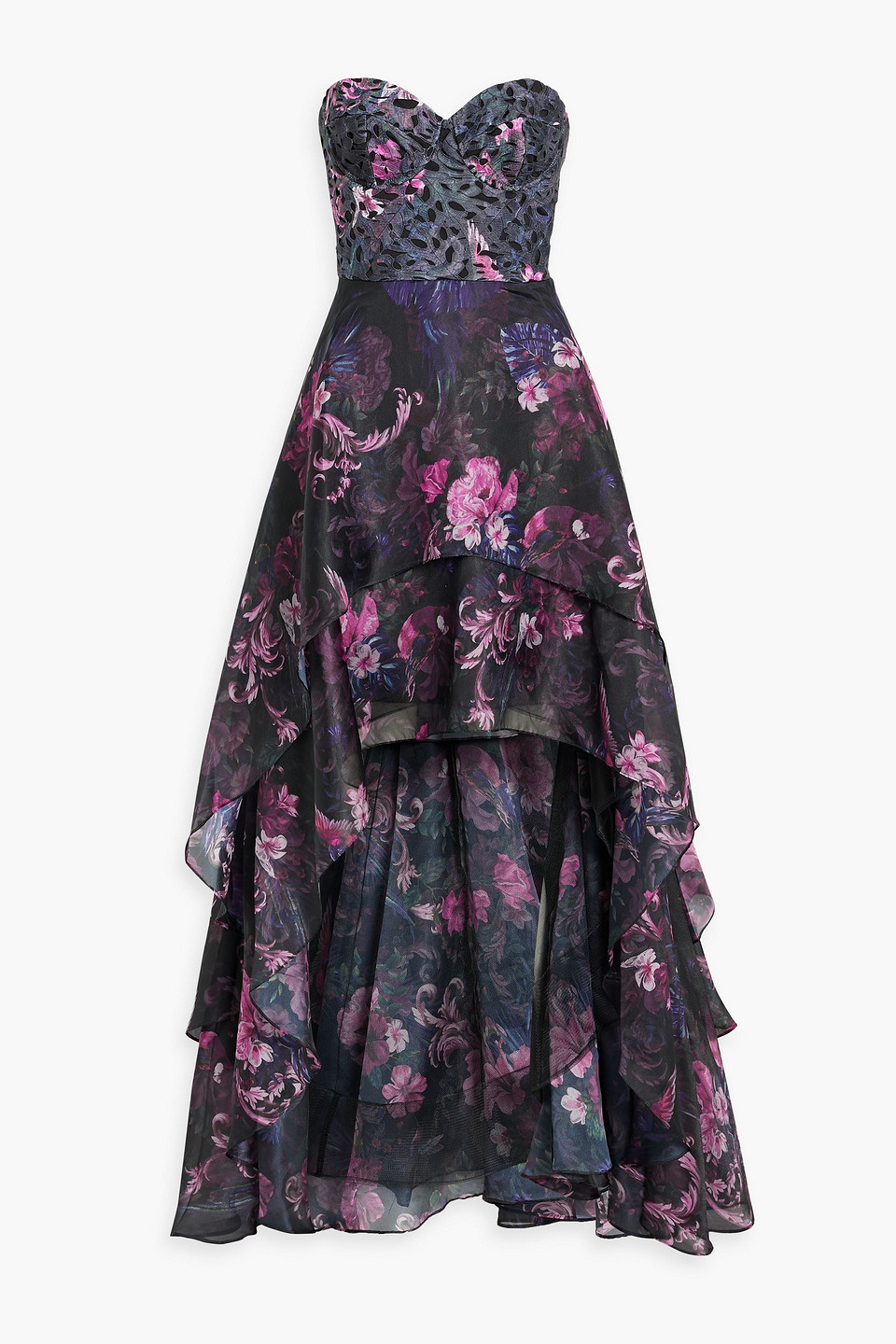 Marchesa Notte Asymmetric Floral-print Chiffon Gown In Black