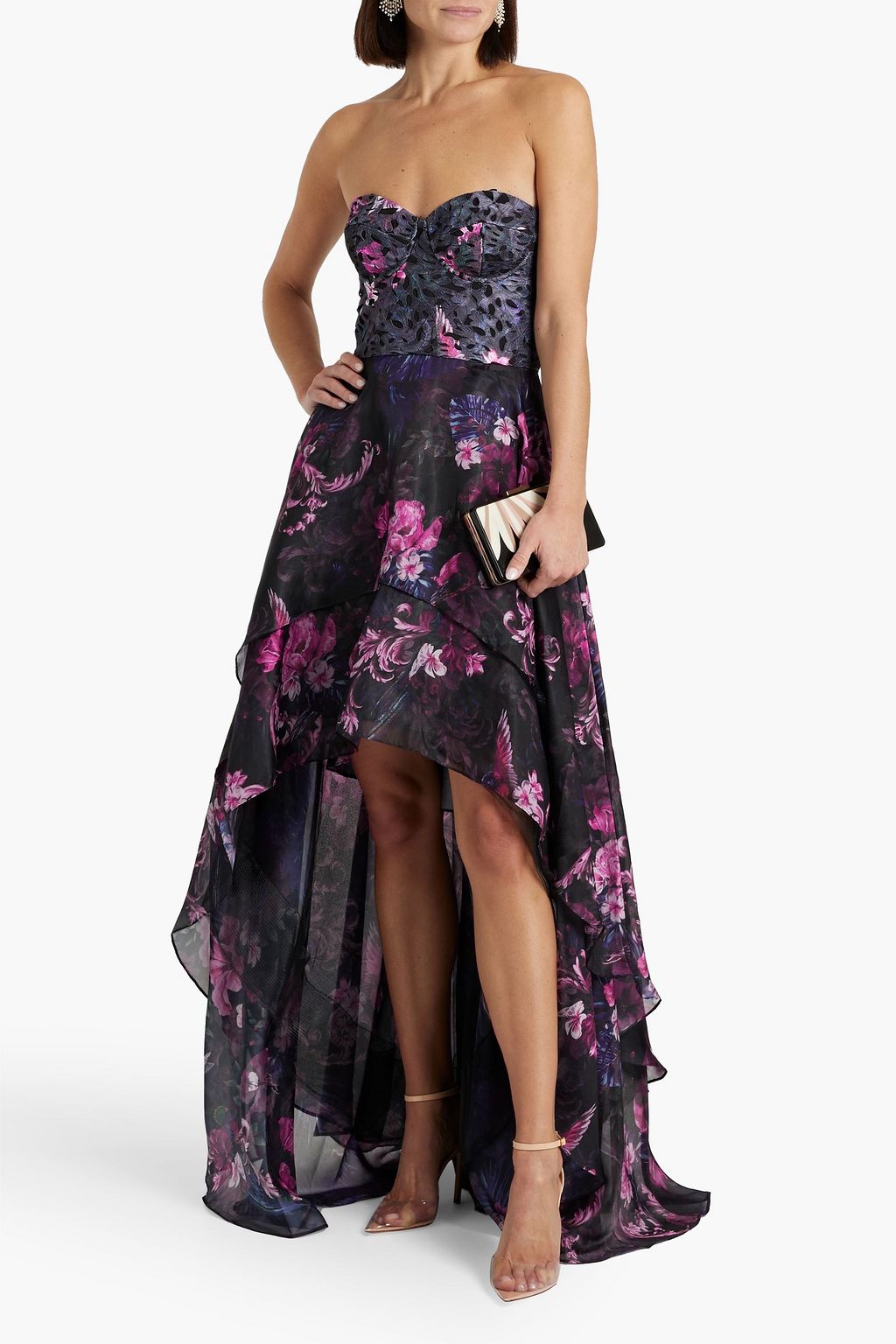 MARCHESA NOTTE Strapless asymmetric floral-print chiffon gown