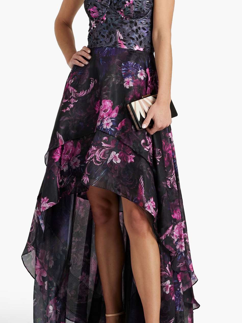 strapless asymmetric floral-print chiffon gown