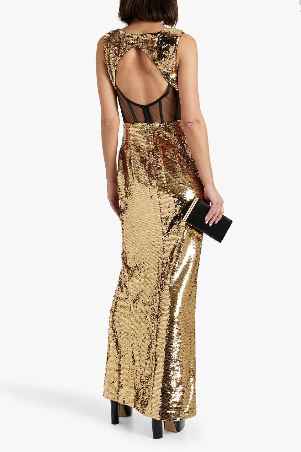 Shop Marchesa Notte Tulle-paneled Sequined Chiffon Gown In Gold