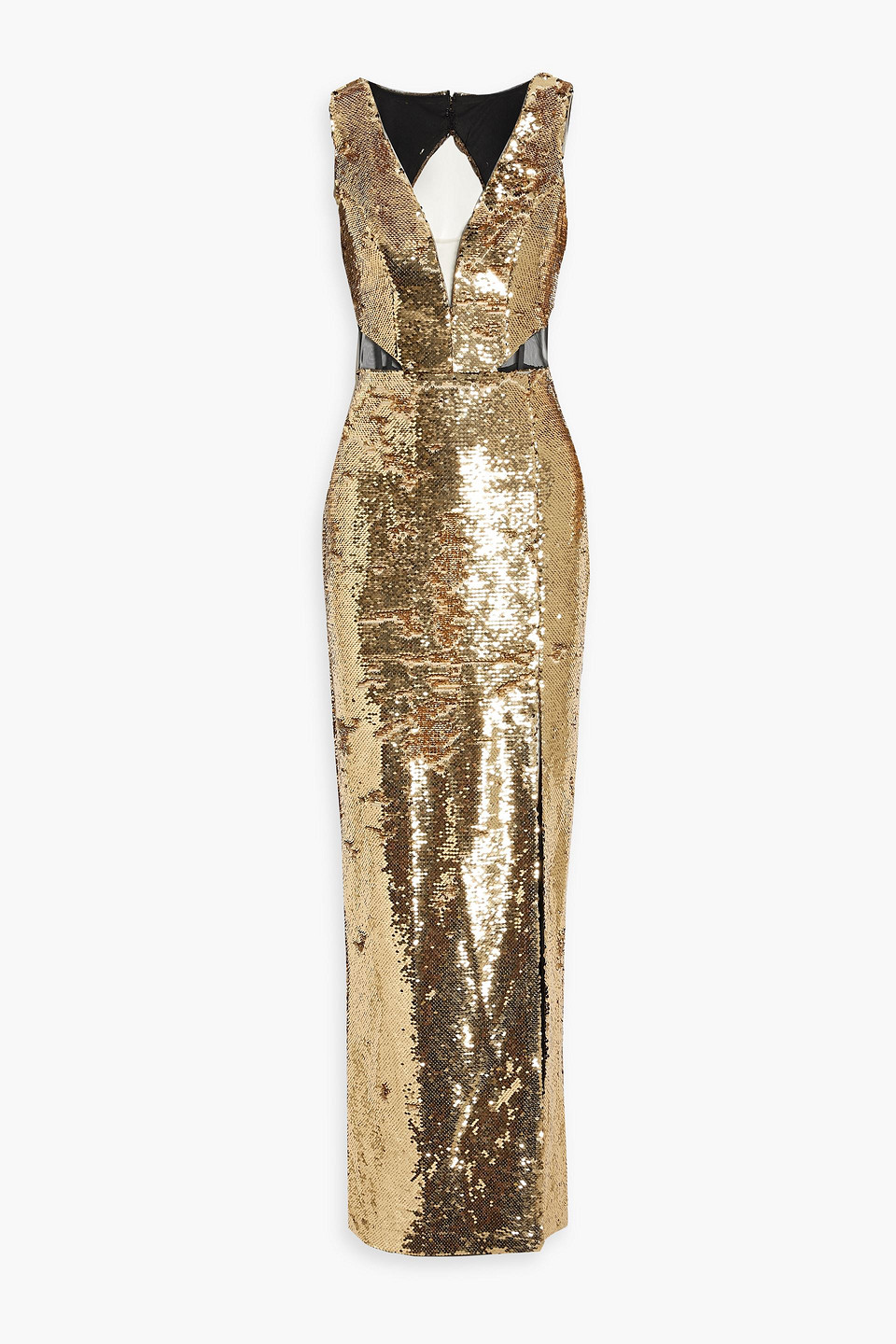 Marchesa Notte Tulle-paneled Sequined Chiffon Gown In Gold