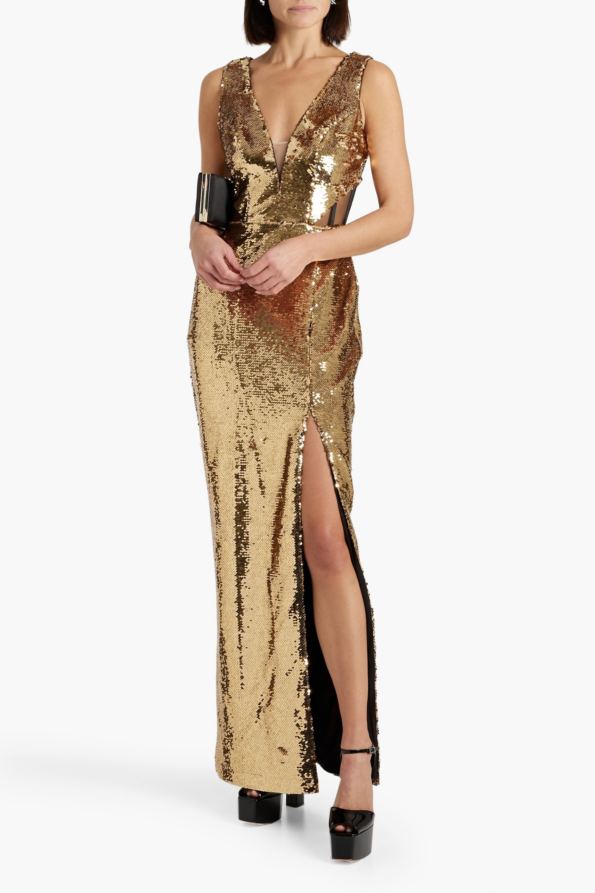 MARCHESA NOTTE Tulle-paneled sequined chiffon gown