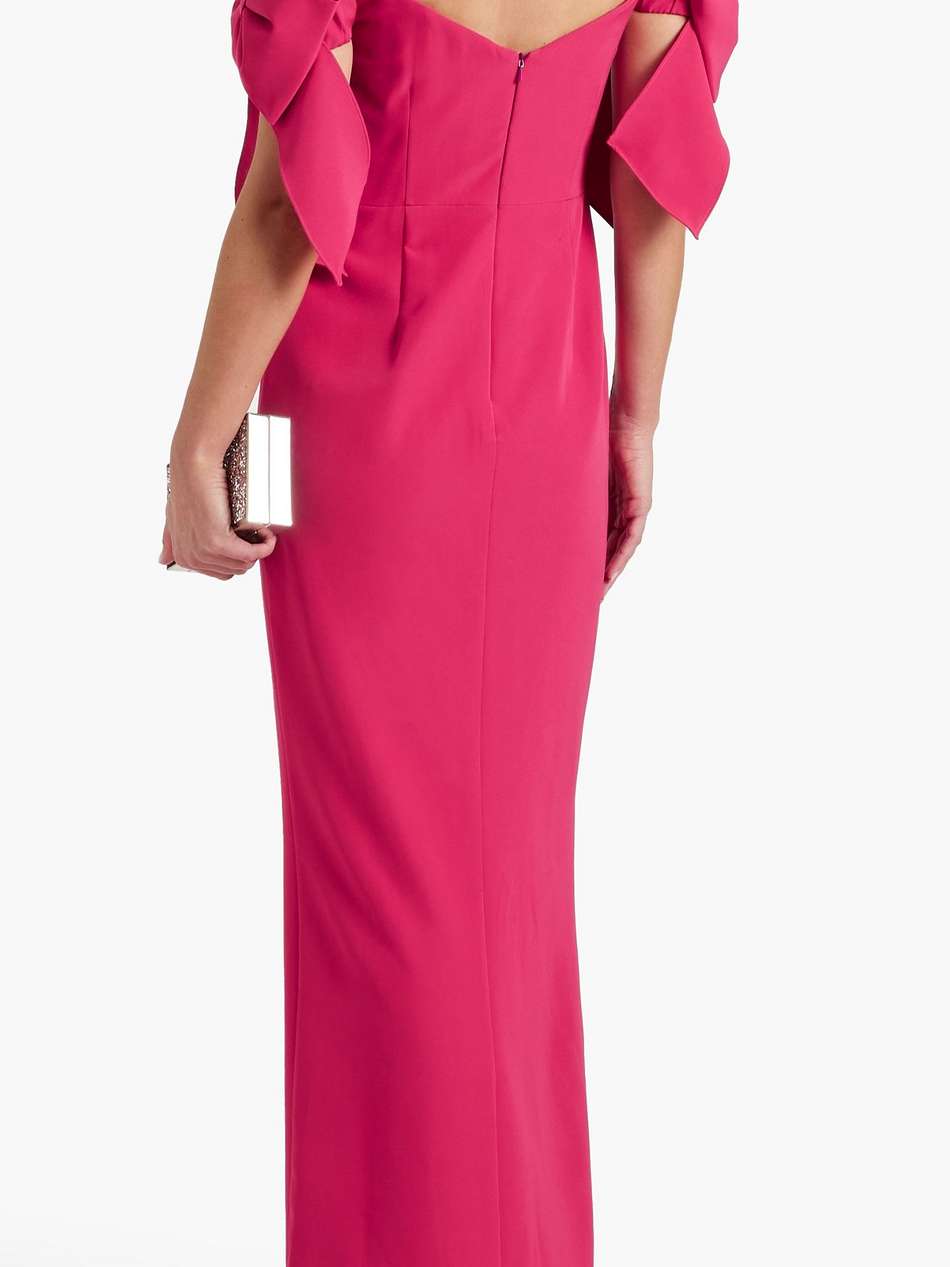 off-the-shoulder bow-embellished crepe gown