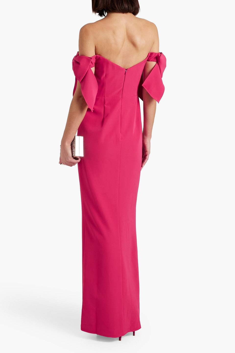 Shop Marchesa Notte Off-the-shoulder Bow-embellished Crepe Gown In Fuchsia