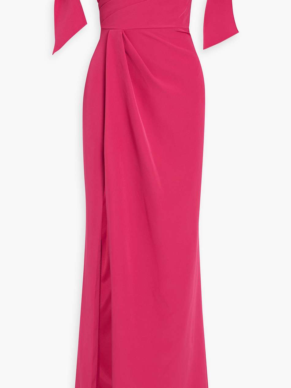 off-the-shoulder bow-embellished crepe gown