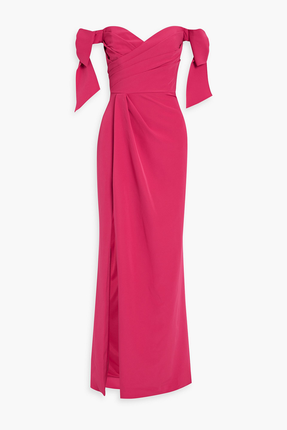 Marchesa Notte Off-the-shoulder Bow-embellished Crepe Gown In Fuchsia