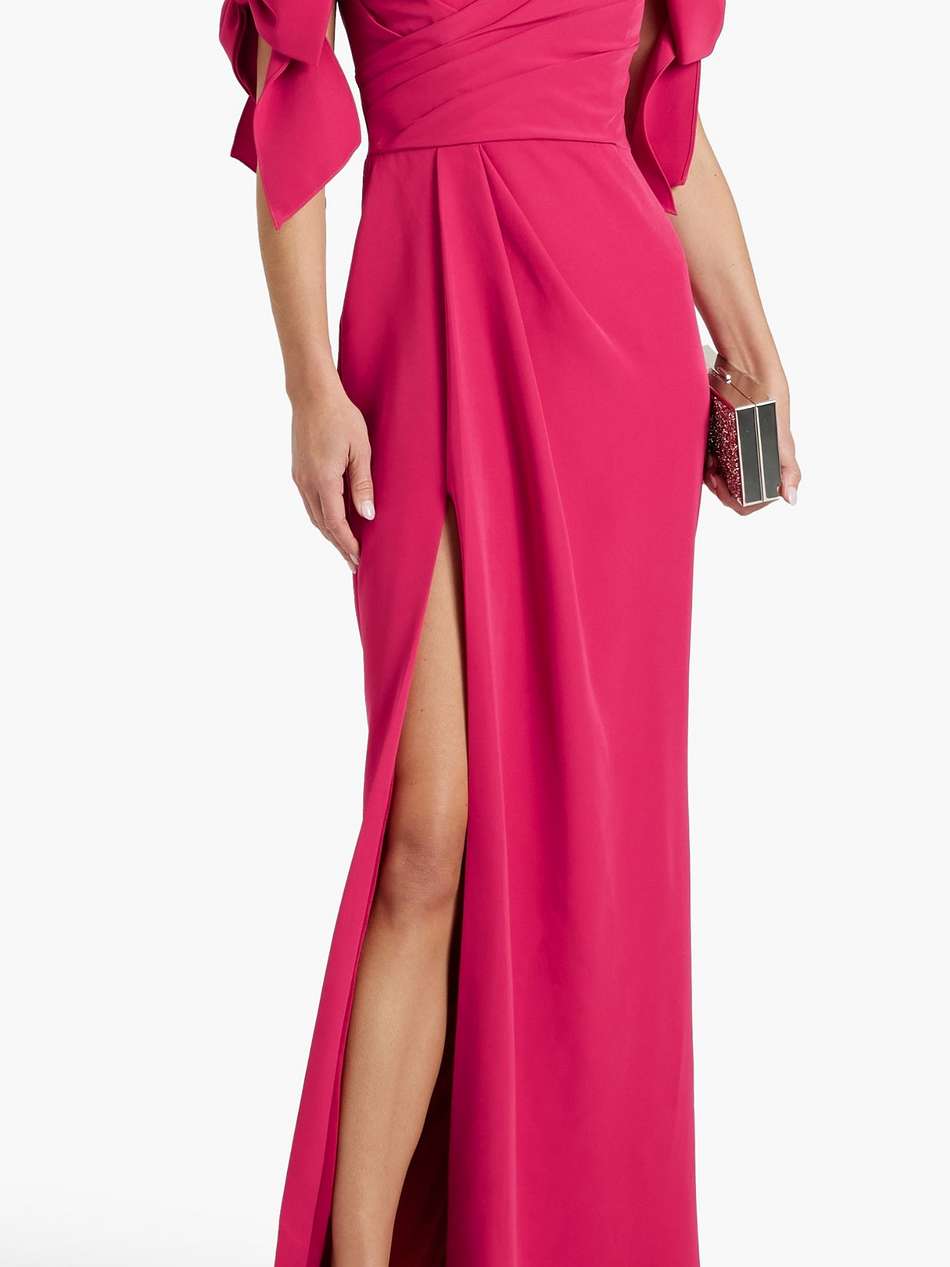 off-the-shoulder bow-embellished crepe gown