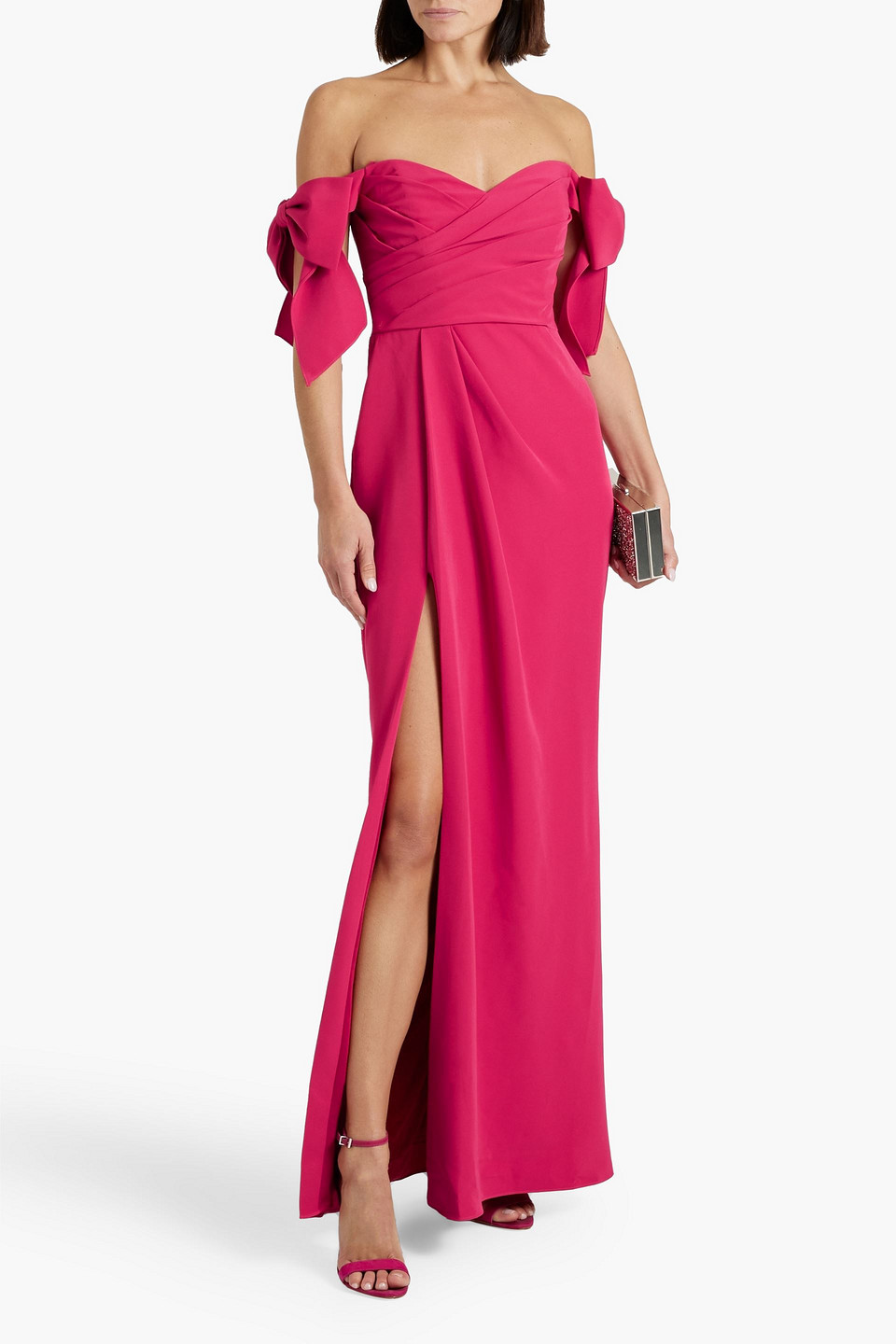 MARCHESA NOTTE OFF-THE-SHOULDER BOW-EMBELLISHED CREPE GOWN 3074457345636896720