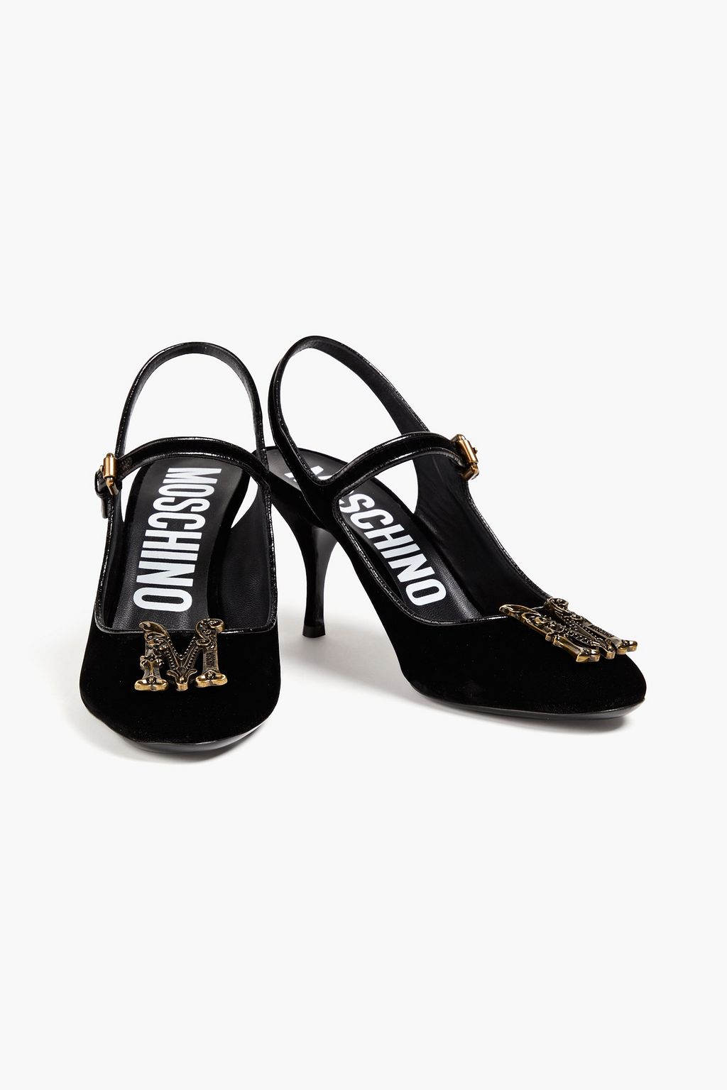 MOSCHINO Leather-trimmed embellished velvet pumps